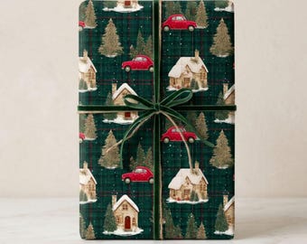 Rollo de papel de regalo navideño vintage, papel de regalo clásico para las fiestas con escena de coche rojo y casa de campo, rollo de papel de regalo navideño antiguo, papel de regalo