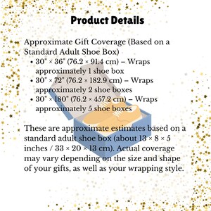 May include: An informational graphic titled Product Details listing gift wrap coverage based on a standard adult shoe box. It includes dimensions in cm for 1, 2, and 5 shoe boxes, and notes a standard shoe box size of 33 x 20 x 13 cm.