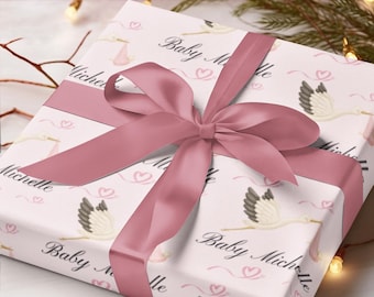 Custom Baby Girl Shower Wrapping Paper | Personalized Stork Baby Shower Gift Wrap | Name Wrapping Paper Roll | Unique Baby Gift Wrap