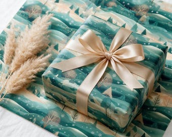 Rollo de papel de regalo navideño, papel de regalo con pino nevado, papel de regalo navideño con escena de bosque invernal, elegante papel decorativo navideño