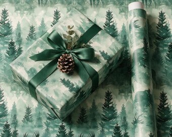 Papel de regalo con motivos de bosque, papel de regalo con alces, papel de regalo navideño con motivos de bosque, papel de regalo con motivos de pinos, papel de regalo rústico para las fiestas.