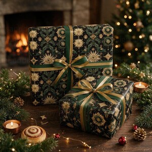 green christmas wrap, green wrapping paper, christmas gift wrap, elegant gift wrap, holiday gift wrap, celestial gift wrap, gold star gift wrap, vintage christmas, christmas wrapping, wrapping paper roll, dark green gift wrap, luxury gift wrap, botanical gift wrap