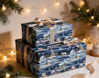 Vintage Christmas Village Wrapping Paper Roll, Holiday Gift Wrap with Snowy Houses & Reindeer, Vintage Xmas Wrapping Paper