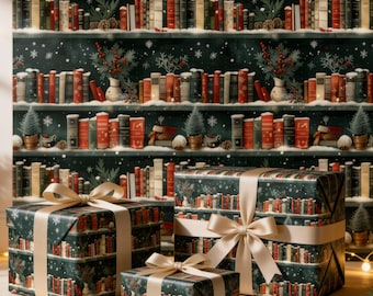 May include: Three gift boxes wrapped in dark green paper featuring a repeating pattern of bookshelves filled with books, pine branches, and snow. Each box is tied with a smooth, cream-colored satin ribbon tied in a bow on the top center.