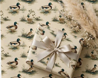 Elegant Mallard Duck Gift Wrap ,Vintage Duck Hunting Paper for Men, Derby Party, Father’s Day, Christmas & Luxury Wrapping Roll
