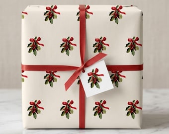 Christmas Mistletoe Wrapping Paper, Vintage Holiday Gift Wrap, Holly Berry Christmas Wrapping Paper, Elegant Traditional Gift Wrap