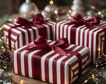 Puede incluir: Tres cajas de regalo rectangulares envueltas en papel a rayas blancas y burdeos, cada una atada con un lazo de satén burdeos a juego. Las cajas están dispuestas juntas, presentando un aspecto clásico, limpio y ordenado.