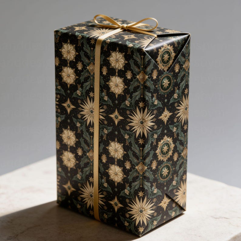 green christmas wrap, green wrapping paper, christmas gift wrap, elegant gift wrap, holiday gift wrap, celestial gift wrap, gold star gift wrap, vintage christmas, christmas wrapping, wrapping paper roll, dark green gift wrap, luxury gift wrap, botanical gift wrap
