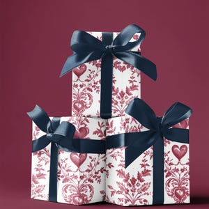 Red Valentines Day Toile Wrapping Paper Love,French Toile with Hearts Wrapping Paper,Galentines, Birthday Gift Wrap