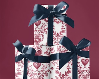 Carta da regalo Toile de Jouy rossa per San Valentino, carta da regalo Toile de Jouy francese con cuori, ideale per Galentine e compleanni.