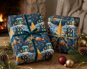Christmas Wrapping Paper Roll, Holiday Gift Wrap with Snowy Village & Christmas Tree, Vintage Xmas Wrapping Paper, Classic Nostalgic Xmas