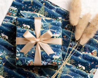 Vintage Christmas Wrapping Paper Roll, Holiday Gift Wrap with Snowy Village & Reindeer,Classic Xmas Wrapping Nostalgic Christmas, Gift Wrap