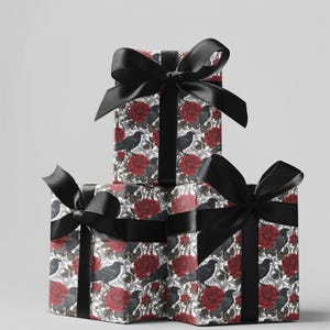 Raven and Rose Gothic Gift Wrap, Dark Romantic Wrapping Paper, Witchy Crow and Red Floral Wrap, Spooky Halloween Goth Gift Wrap