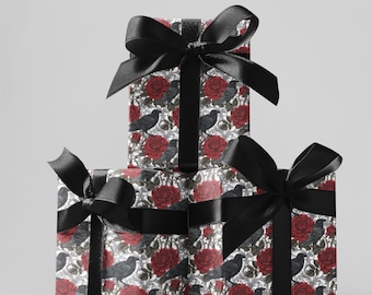 Raven and Rose Gothic Gift Wrap, Dark Romantic Wrapping Paper, Witchy Crow and Red Floral Wrap, Spooky Halloween Goth Gift Wrap