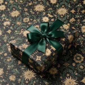 green christmas wrap, green wrapping paper, christmas gift wrap, elegant gift wrap, holiday gift wrap, celestial gift wrap, gold star gift wrap, vintage christmas, christmas wrapping, wrapping paper roll, dark green gift wrap, luxury gift wrap, botanical gift wrap