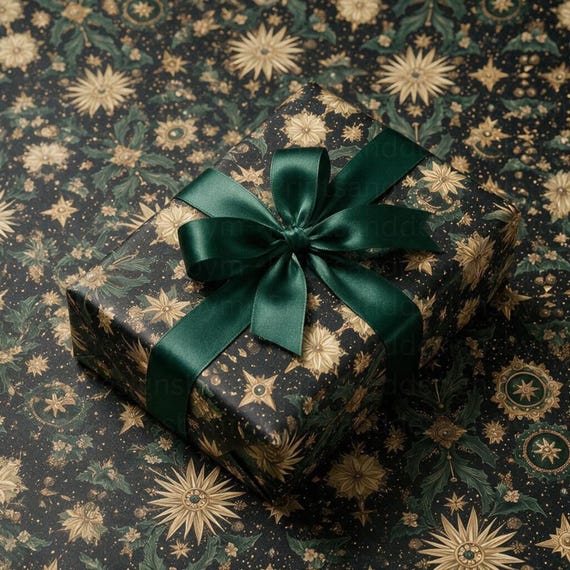 Celestial Green Christmas Wrapping Paper, Green and Gold Gift Wrap, Vintage Christmas Paper, Elegant Holiday Wrapping Paper, Star Gift Wrap