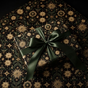 green christmas wrap, green wrapping paper, christmas gift wrap, elegant gift wrap, holiday gift wrap, celestial gift wrap, gold star gift wrap, vintage christmas, christmas wrapping, wrapping paper roll, dark green gift wrap, luxury gift wrap, botanical gift wrap