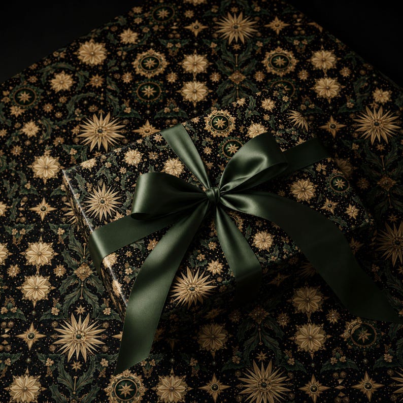 green christmas wrap, green wrapping paper, christmas gift wrap, elegant gift wrap, holiday gift wrap, celestial gift wrap, gold star gift wrap, vintage christmas, christmas wrapping, wrapping paper roll, dark green gift wrap, luxury gift wrap, botanical gift wrap