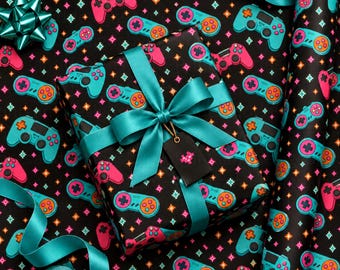 Cadeaupapier voor videogames, retro gaming cadeaupapier, neon game controller verjaardagspapier, gamer cadeaupapier voor jongens, tieners en mannen