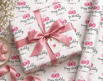 Gepersonaliseerd inpakpapier voor verjaardagen, cadeaupapier met kersenmotief en eigen naam, meisjesachtig verjaardagscadeaupapier, verjaardagscadeaupapier voor de 16e, 18e of 20e verjaardag