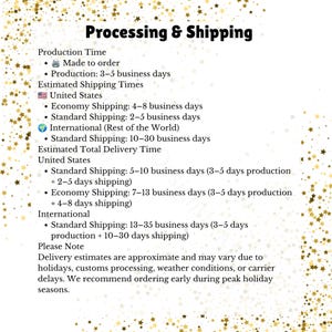 May include: A white informational document titled Processing & Shipping with black text detailing production times, shipping estimates for the United States and international locations, and delivery notes, framed by a border of gold stars.