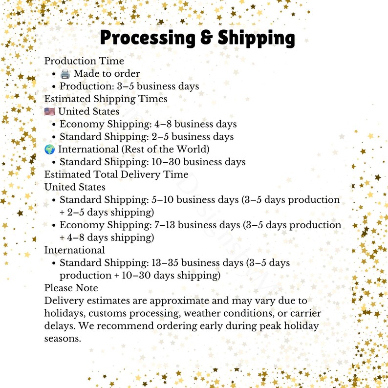 May include: A white informational document titled Processing & Shipping with black text detailing production times, shipping estimates for the United States and international locations, and delivery notes, framed by a border of gold stars.