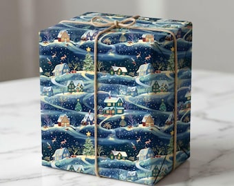 Vintage Christmas Village Wrapping Paper Roll, Holiday Gift Wrap with Snowy Houses & Reindeer, Vintage Xmas Wrapping Paper