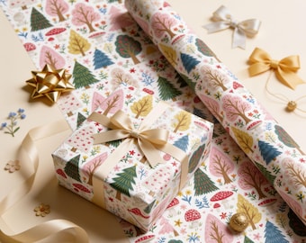 Kerstcadeaupapier met bosmotief, kerstcadeaupapier, cadeaupapier voor de feestdagen, kerstcadeaupapier in cottagecore-stijl, winterwonderland