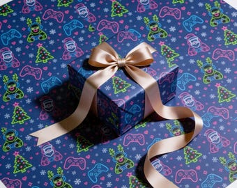 Kerstcadeaupapier met videogame-thema, neonkleurig kerstcadeaupapier met gamer-thema, rol cadeaupapier voor de feestdagen, kerstcadeaupapier voor jongens en mannen