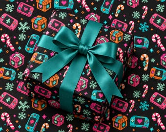 Kerstcadeaupapier met videogame-thema, zwart retro gaming cadeaupapier, neon pixel art cadeaupapier op rol voor gamers