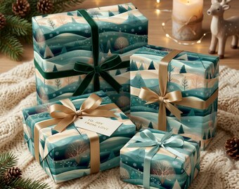 Christmas Wrapping Paper Roll, Snowy Pine Tree Gift Wrap, Holiday Gift Wrap with Winter Forest Scene, Elegant Xmas Decorative Paper