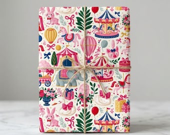 Roze carrousel inpakpapier, circus verjaardagscadeaupapier, cadeaupapier voor meisjes, inpakpapier voor een babyshower, speels feestpapier