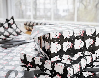 Halloween Wrapping Paper Cute Ghost Wrapping Paper, Kawaii Halloween Gift Wrap Sheets, Black Ghost Pattern Gift Paper for Party Favors