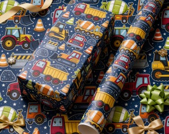 Inpakpapier met bouwthema, cadeaupapier met vrachtwagenmotief, verjaardagspapier met bouwthema, inpakpapier met kiepwagenmotief, cadeaupapier voor kinderen, cadeau voor jongens