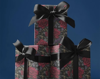 Halloween Gothic Gift Wrap, Red Rose Wrapping Paper, Dark Floral Gift Wrap, Spooky Black Wrap, Witchy Decor, Goth Present Paper