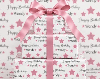 Gepersonaliseerde verjaardagscadeaupapierrol, cadeaupapier met eigen naam, roze sterren verjaardagspapier, cadeaupapier voor haar, gepersonaliseerd verjaardagscadeaupapier
