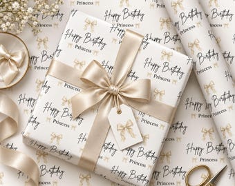 Gepersonaliseerd verjaardagscadeaupapier, cadeaupapier met naam en strik, crèmekleurig, elegant verjaardagscadeaupapier voor haar