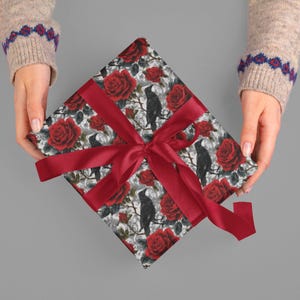 Gothic Raven and Red Rose Gift Wrap, Crow Floral Paper, Witchy Dark Academia Wrapping, Spooky Halloween Wrap, Occult Goth Paper