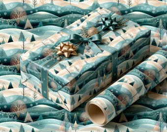Rollo de papel de regalo navideño con diseño de bosque invernal vintage, papel de regalo con árboles nevados y estrellas, elegante papel decorativo navideño.