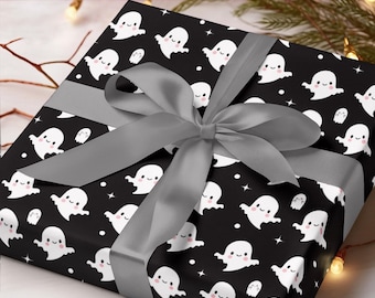 Cute Ghost Wrapping Paper, Kawaii Halloween Gift Wrap, Spooky Cute Ghost Print Wrap, Black Halloween Party Favor Wrapping
