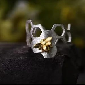 May include: A silver ring featuring a honeycomb design and a gold bee charm.