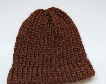 Handmade Knitted Beanie - Rust Wool, Adult Unisex