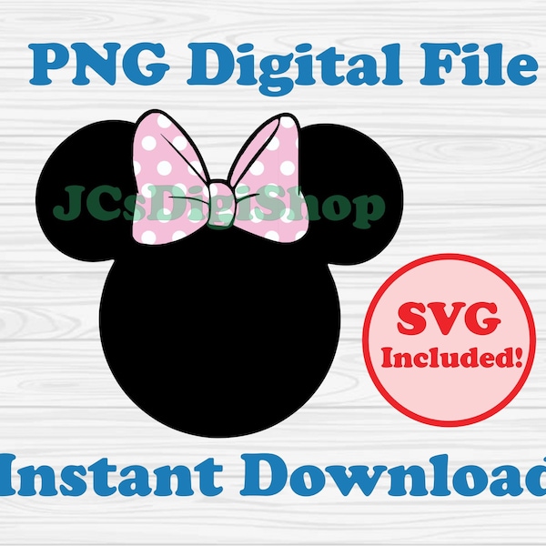 Pink Polka Dot Bow Minnie Head PNG and SVG printable clipart digital files ready to download