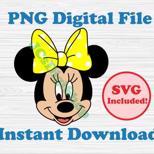 May include: A digital file featuring a cartoon illustration of a mouse with a yellow bow with white polka dots. The image includes the text "PNG Digital File", "SVG Included!", and "Instant Download".