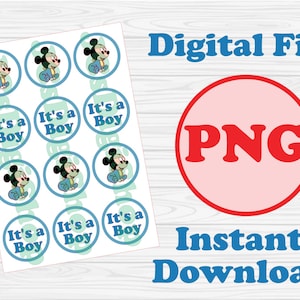 Puede incluir: Toppers de cupcake imprimibles con un dibujo animado de Mickey Mouse en azul y blanco, con el texto "It's a Boy" en azul y blanco sobre un fondo verde claro.