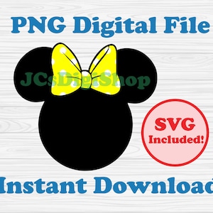 Gele polkadot Bow Minnie Head afdrukbare digitale clipart-, png- en SVG-bestanden klaar om te downloaden