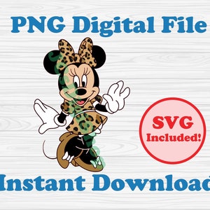 May include: A digital file download of a cartoon Minnie Mouse wearing a leopard print dress and bow. The text "SVG Included!" is in a red circle.