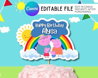 Adorno para tarta de cerdo rosa: Decoración editable para fiesta de cumpleaños (Descarga PDF)