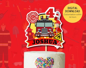 Decorazione per torta personalizzata a forma di camion dei pompieri: festa di compleanno personalizzata a tema pompiere (solo file digitale)