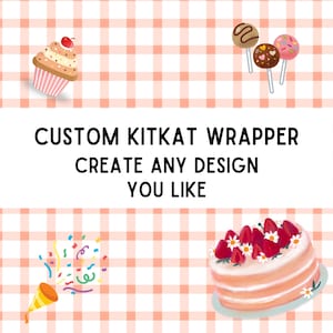 May include: An illustration featuring a cupcake, cake pops, a cake, and a party popper on a pink and white checkered background. The text reads "CUSTOM KITKAT WRAPPER CREATE ANY DESIGN YOU LIKE."